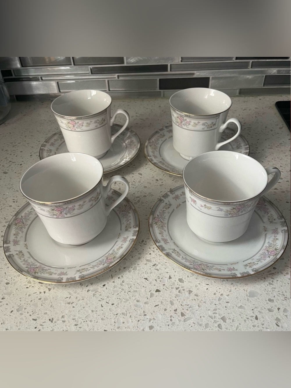 Vintage Elegant White and Pink Floral Porcelain Teacup and Saucer Set